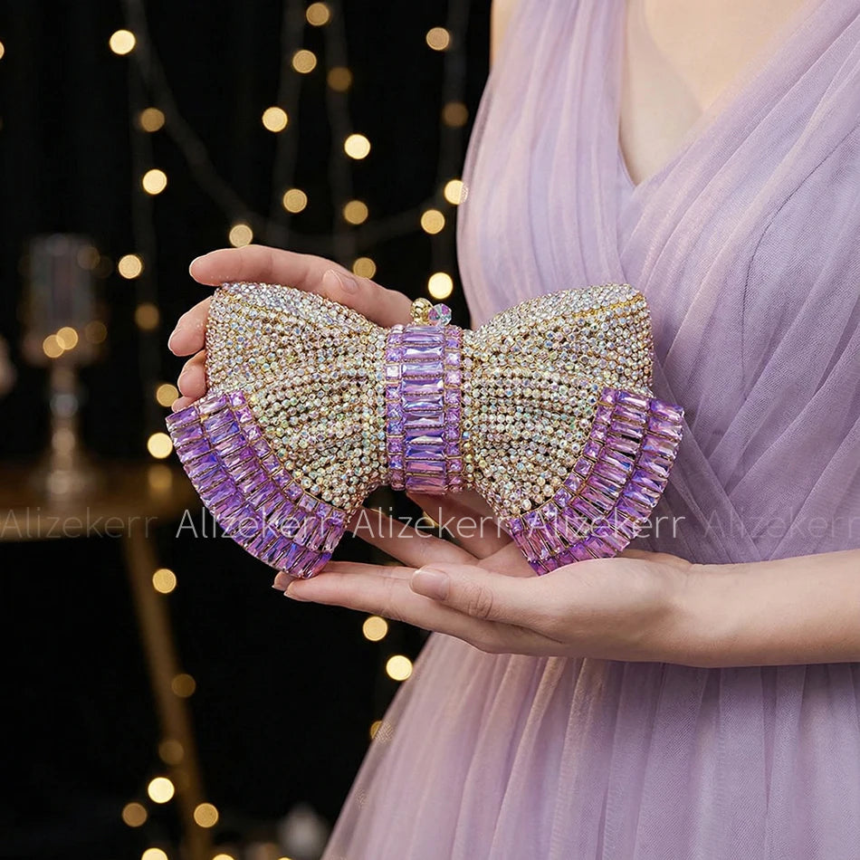Alizekerr Bow Crystal Evening Bags Women Luxury Designer Boutique Metallic Rhinestone Clutch Purses And Handbags Wedding Party