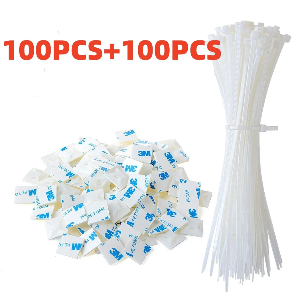 Self-locking Plastic Nylon Tie + Nylon Square Plastic 3M Self Adhesive Wire Zip Fixed Seat Holder Cable Tie Mount Base