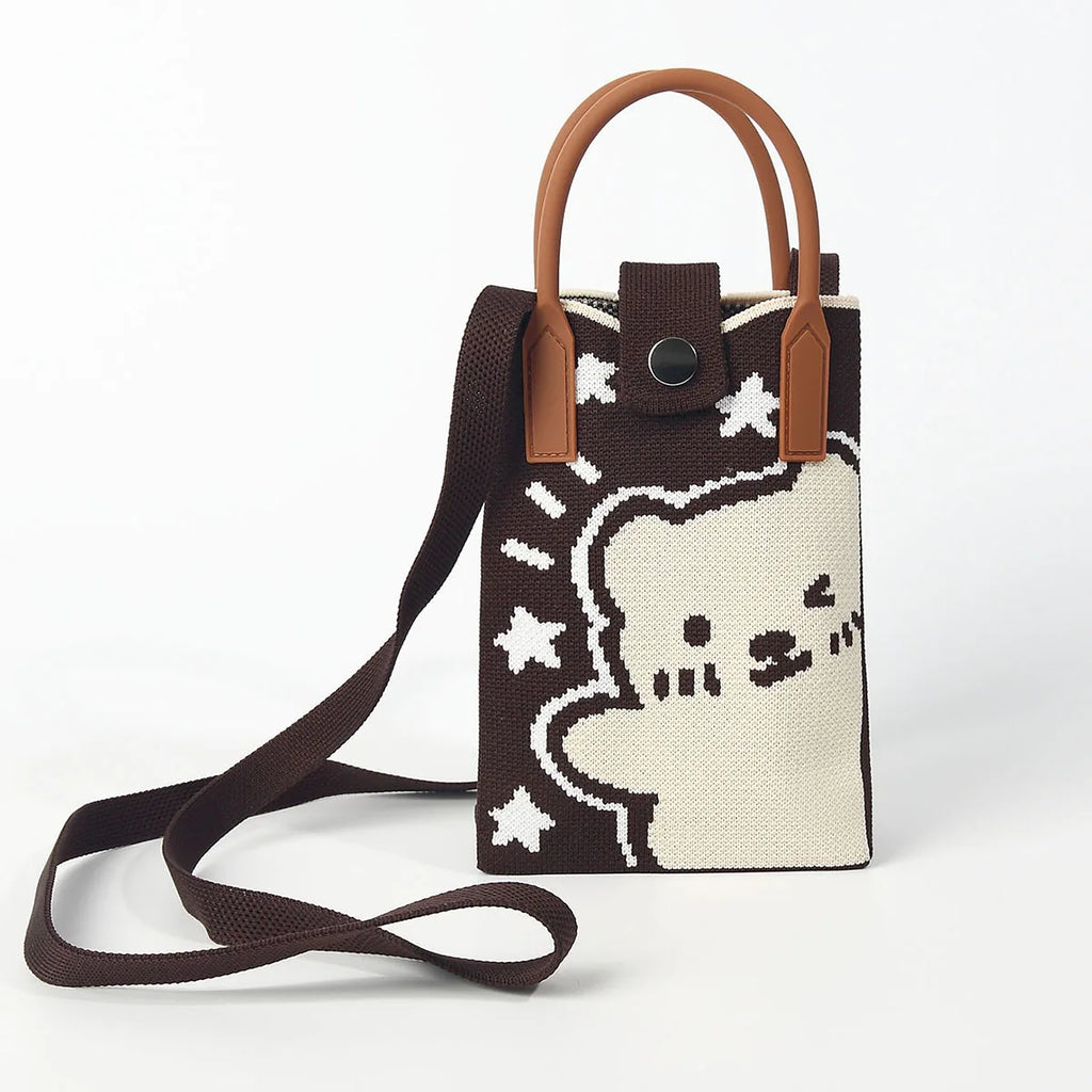Cute and Cute Bear Knitted Satchel Cross-Body Mobile Phone Bag, Soft and Lightweight Cotton-Filled Satchel, Easy to Carry, Suitable for Commuting, Traveling and Shopping, Carrying Mobile Phones, Keys, Change and Other Small I
