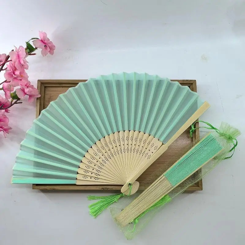 Chinese Style Folding Fan Wear Resist With Organza Bag Bamboo Hand Fan With Tassel Cooling Tool Silk Hand Fan Party Decoration