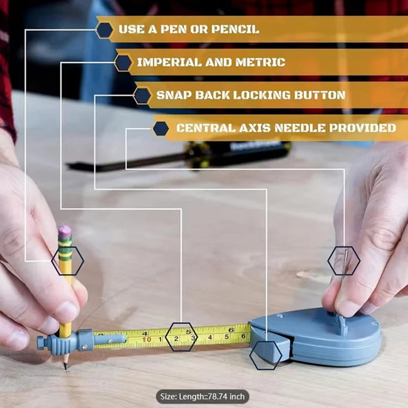 2M Rotape Tape Measure Compass With 10 Pencil Leads Measure Beam Compass For Drawing Circles And Lines Fixable Button