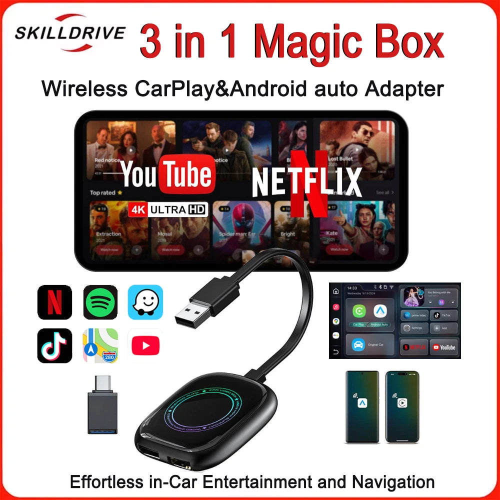 SKILLDRIVE 3 in 1 CarPlay Android Auto Adapter Wireless Wired USB Dongle with Ai Box Youtube for CarPlay Adapter