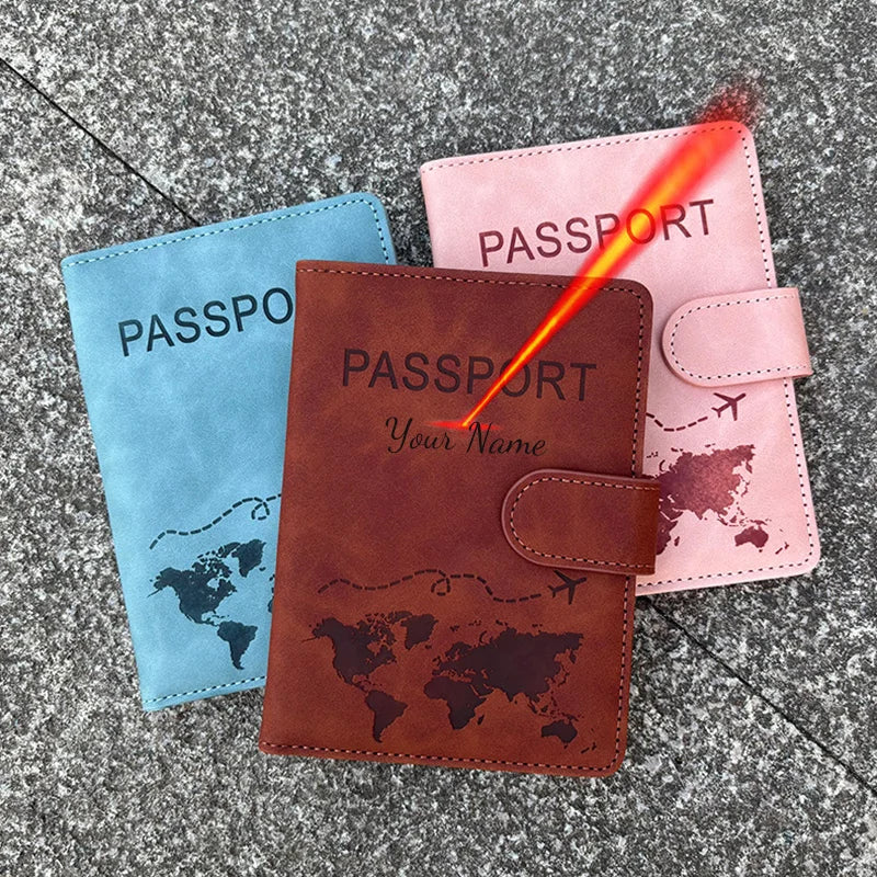 Custom Name Passport Cover Fashion Word Map Passport Holder Rfid Magnetic Buckle Travel Wallet Case for Passports