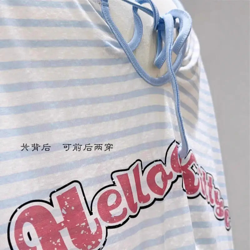 Women's T-Shirt Hello Kitty 2026 Summer Age-Reducing New Style Milk Blue Striped Thin Sunscreen Long-Sleeved Top Versatile Print