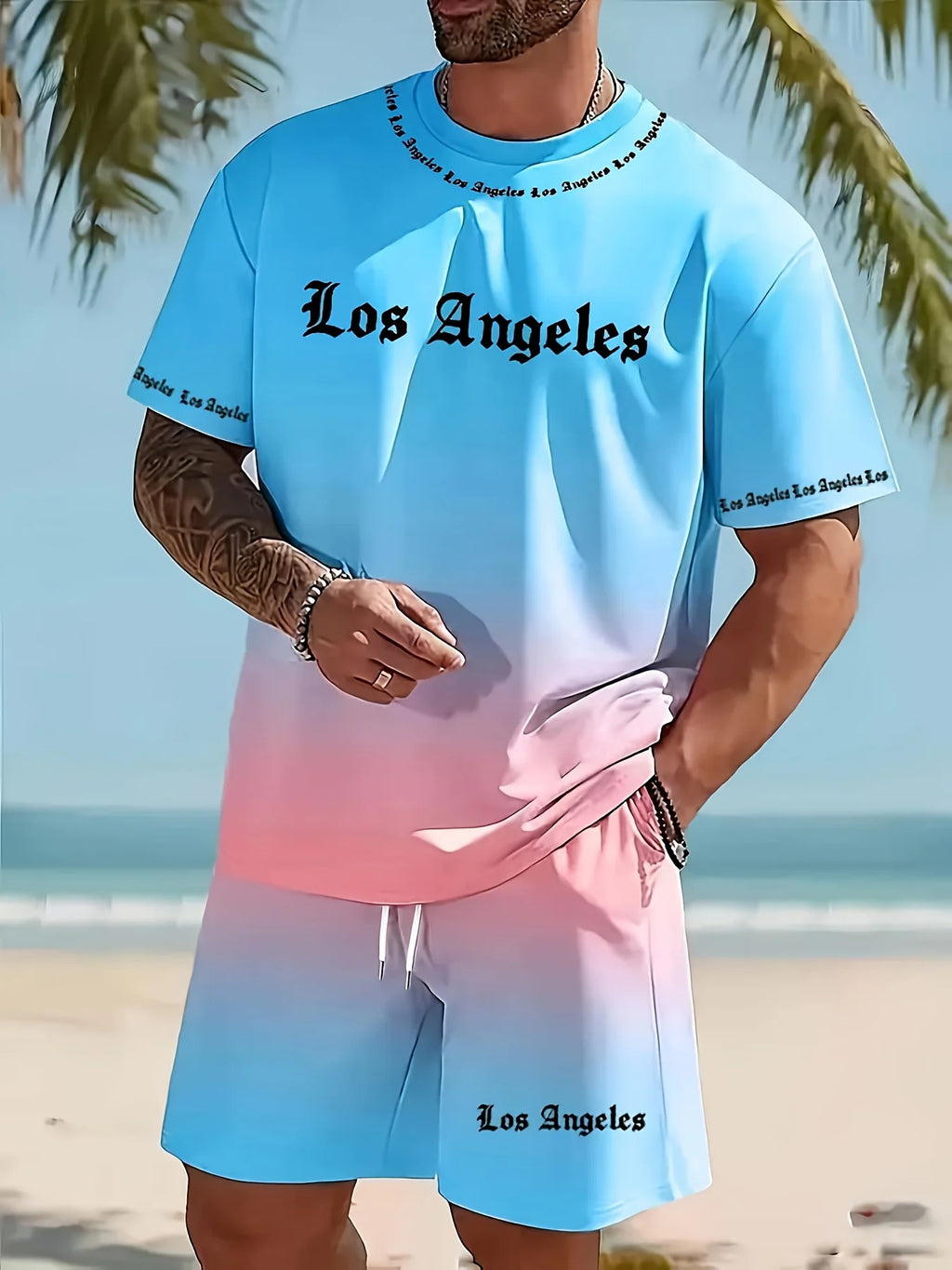 Men's Two-Piece Gradient Sports Outfit, Crew Neck Short-Sleeve T-Shirt + Shorts, Casual Outdoor Streetwear for Summer