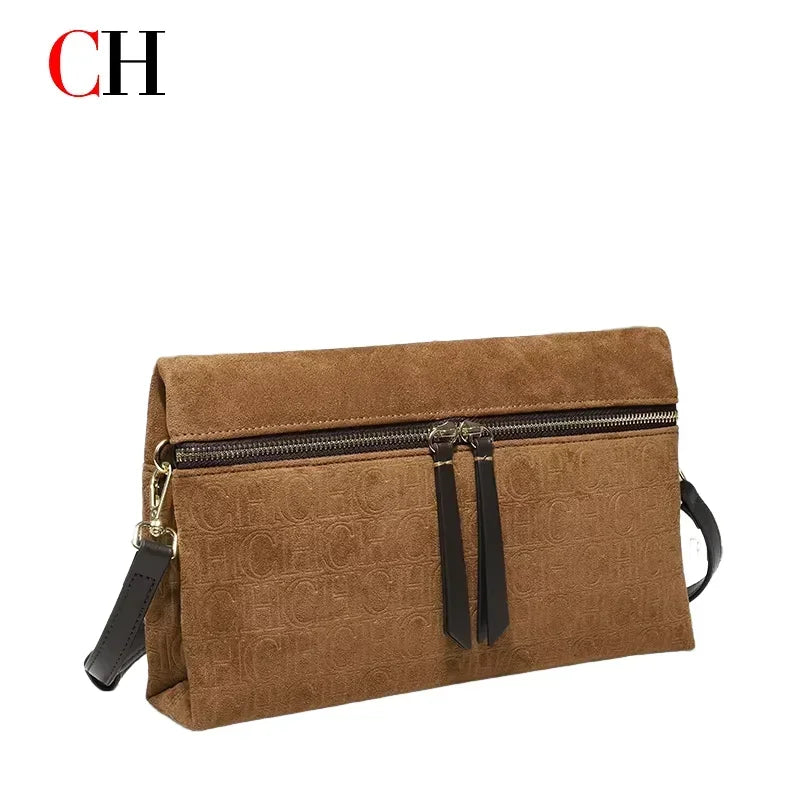 CH Crossbody Bag Women Embossed Suede Shoulder Bag Double Zipper Clutch Purse Vintage Daily Evening Handbag Bolsos Mujer