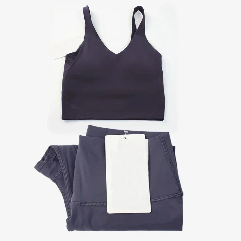 Classic women's 2-piece yoga outfit: U-shaped camisole top & high-waisted nude-feel leggings, suitable for fitness and workout.