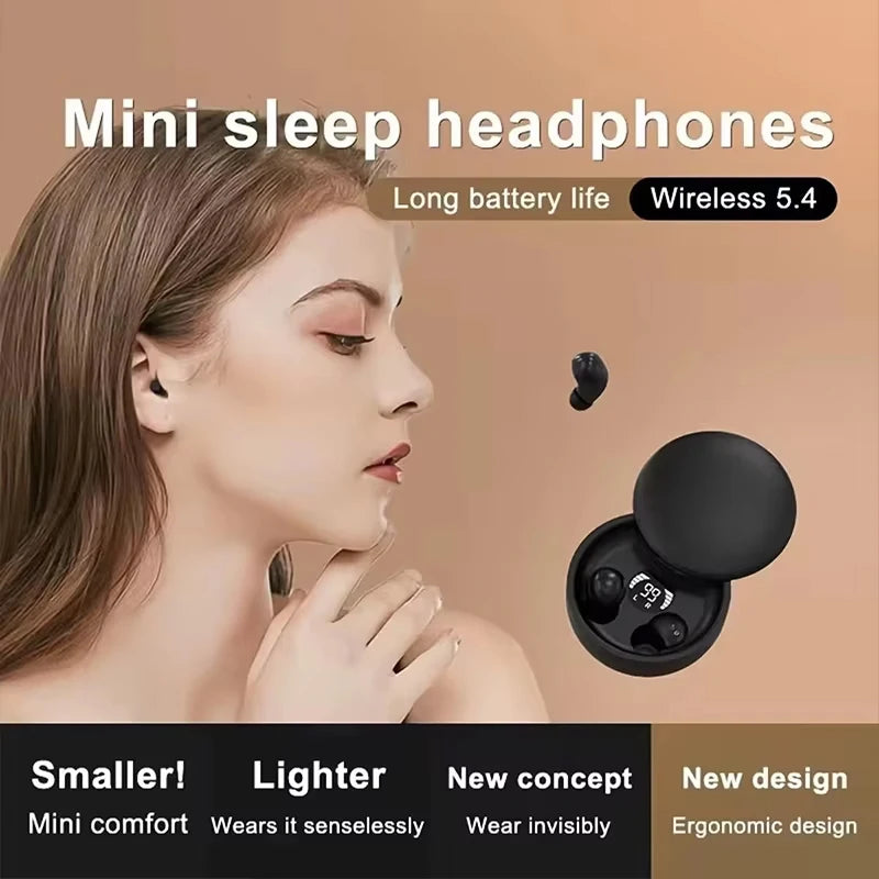 SK26-Mini Invisible Headphones Wireless Bluetooth 5.4 Headphones Bass Sleeping Headphones with Microphone Noise Cancellation HD