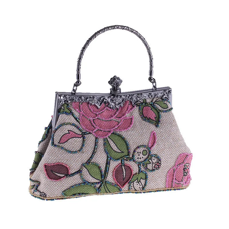 Boutique  Chinese Style Embroidery Floral Women Beaded Evening Purse Bridal Flower Clutch Bag Wedding Party Frame Handbag