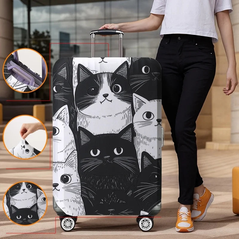 Black and white cat dense pattern luggage protection cover, suitable for 18-32 inch luggage covers, luggage handle gloves, trave