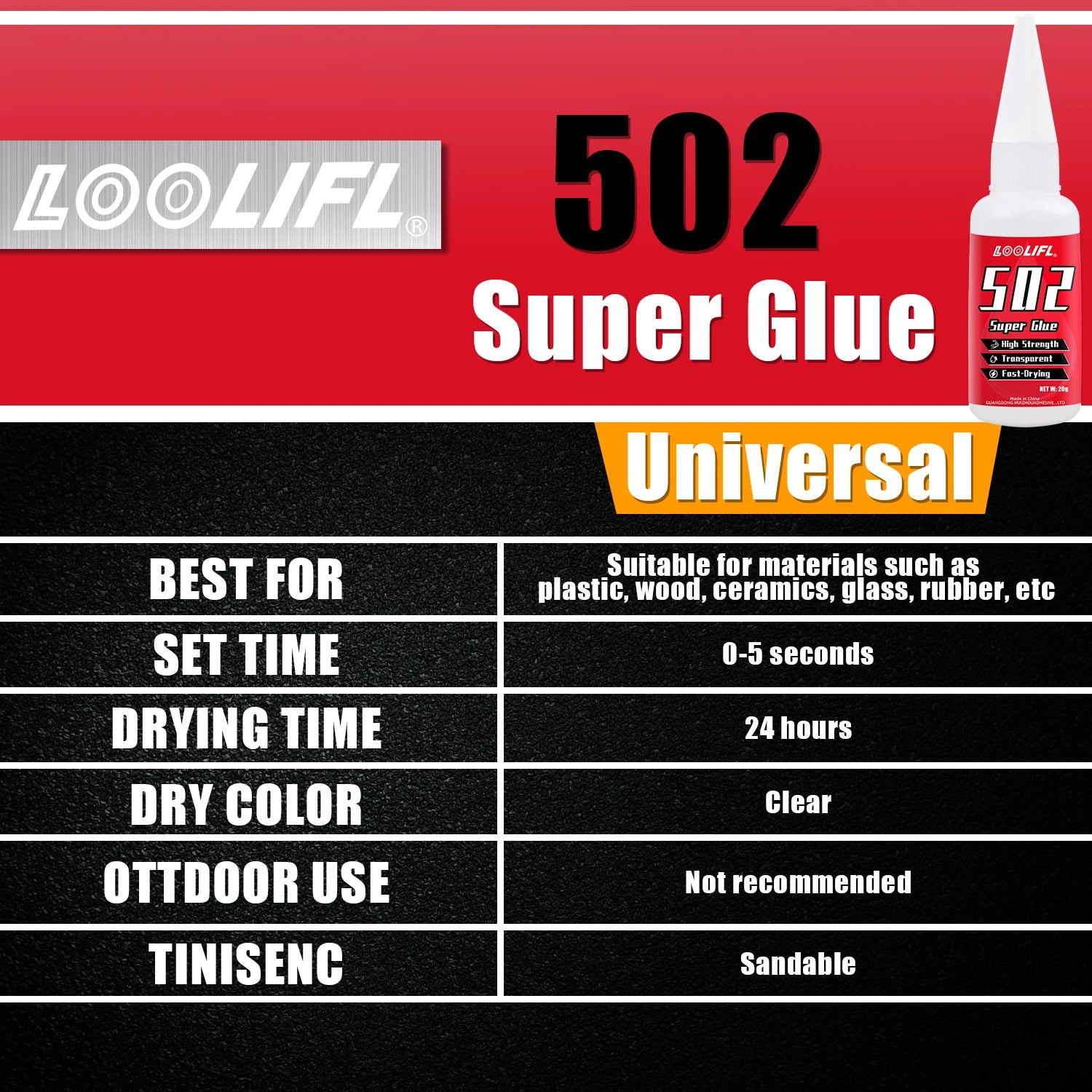 LOOLIFL502 Super GlueInstantQuick-dryingCyanoacrylate Adhesive Leather Rubber Wood Metal Strong Bond Liquid Glue Tool,Stationery