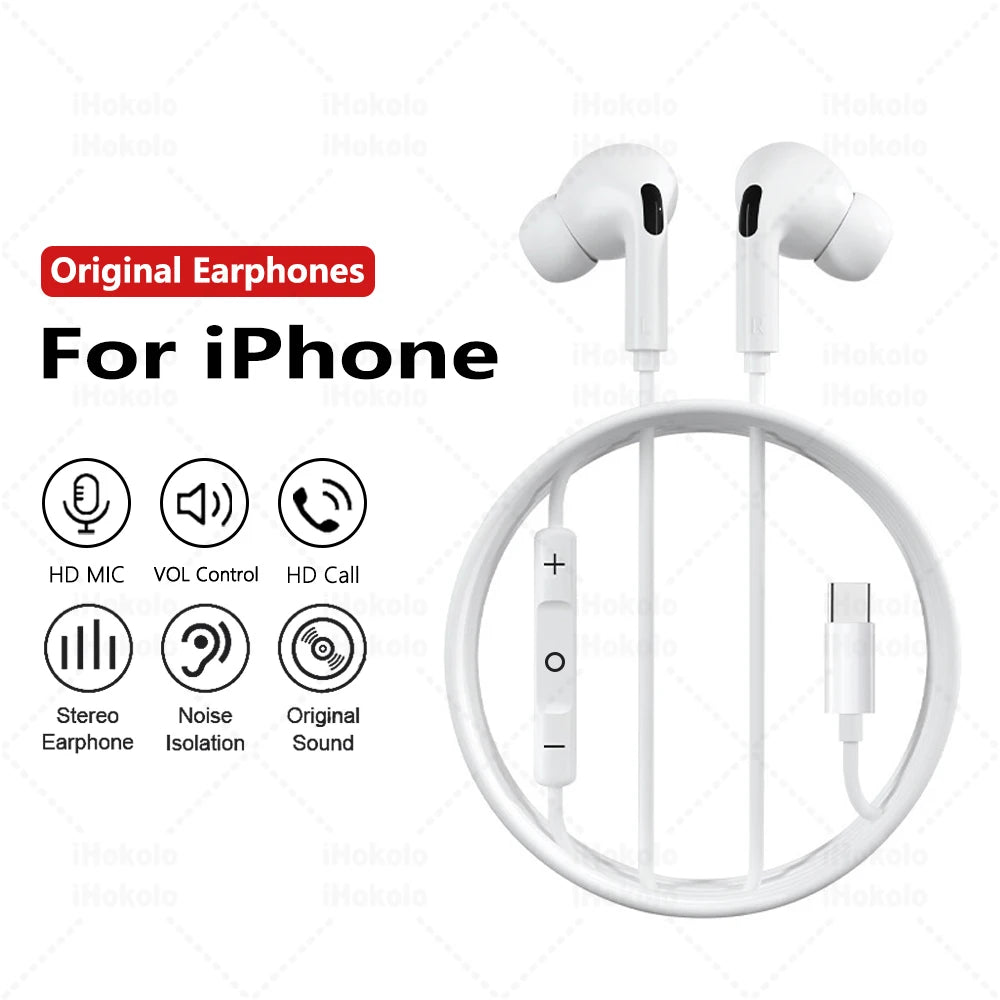 Original Wired Earphones For Apple iPhone 17 16 15 Pro Max 14 13 12 11 X XS XR Type C Lightning Headphones 3.5mm In-Ear Earbuds