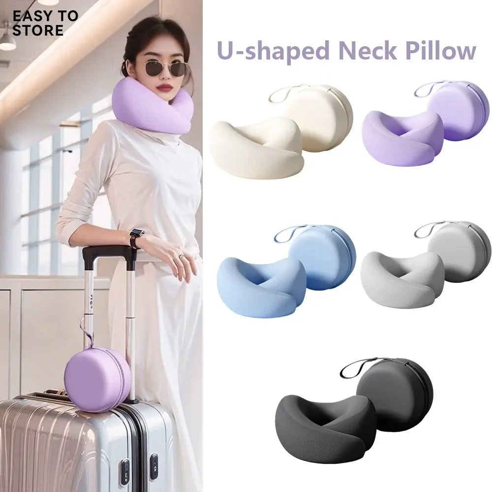 Slow Rebound U-shaped Neck Pillow Durable Foldable Hooded Neckrest Pad with Storage Box Non-Deformed Cervical Support Pillow