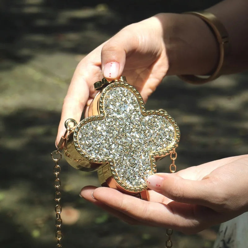 Mini Coin Purse Clover Luxury Fashion Shiny Rhinestone Evening Clutch Handbag for Women, New Sparkling Release