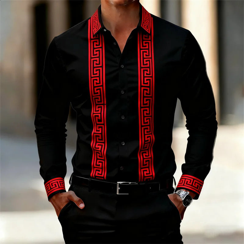 Men's Retro Geometric Print Shirt, Stylish Long-Sleeve Black Shirt, Business Casual Men's Top