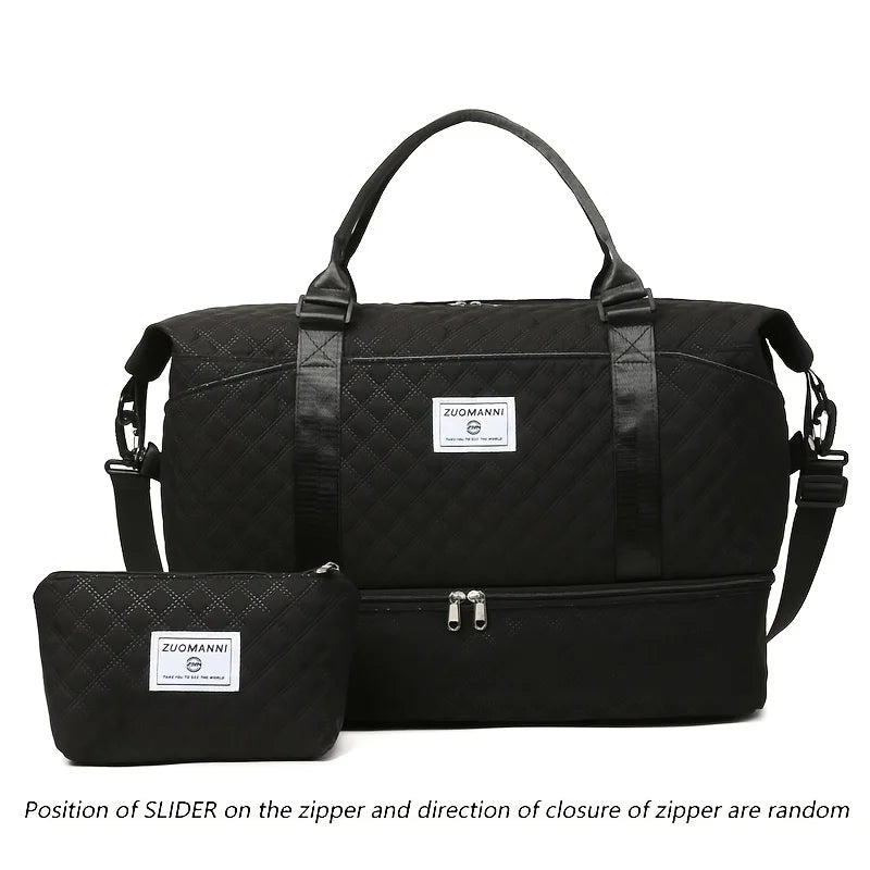 2pcs Set Large Capacity Travel Duffel Bag with Shoe Compartment and Cosmetic Pouch, Casual Nylon Gym Bag, Weekend Overnight Bag