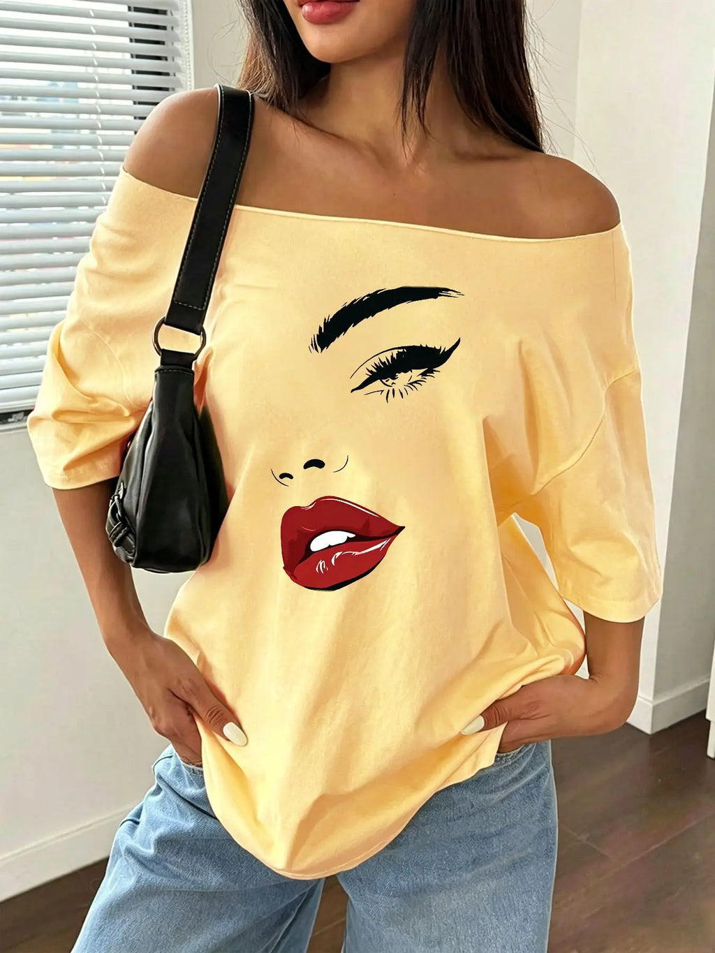 Plus Size Women's Y2K Style Graphic T-Shirt, Bold Pop Art Face Print with Glossy Lips and Dark Eyes, 100% Cotton Shoulder Loo