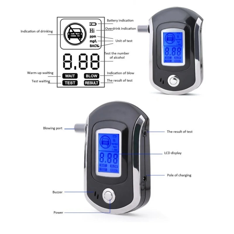 English Digital Alcohol Detector AT6000 Portable Mini Blowing Nozzle for Automotive Home Drunk Driving Detection