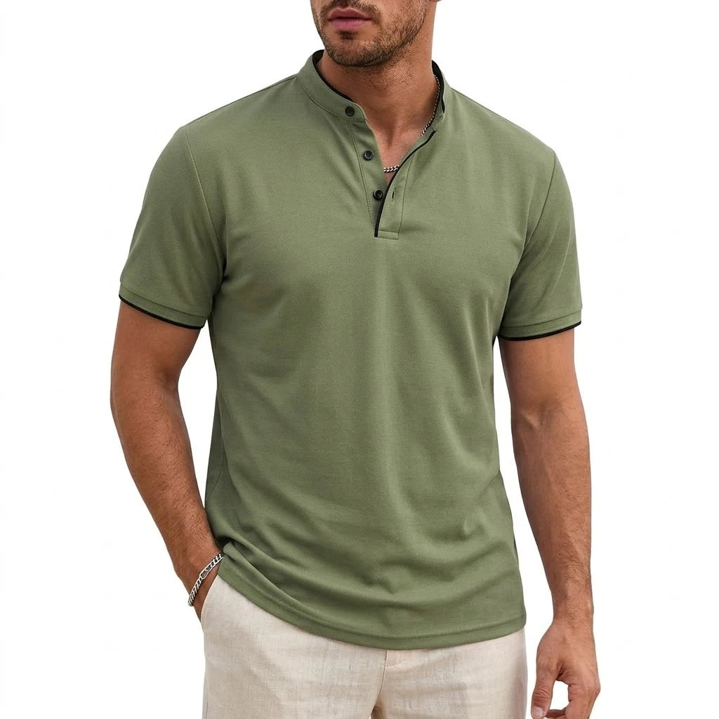 Men Short Sleeve Henley T-Shirt Summer Casual Solid Button-up Shirt V Neck Tee Fitness Breathable Classic Collarless Pullover