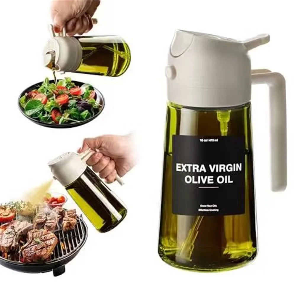 470 ML Oil Sprayer for Cooking, 2-in-1 Olive Oil Dispenser and Oil Bottle with Stickers, Thick Glass Spray Bottle