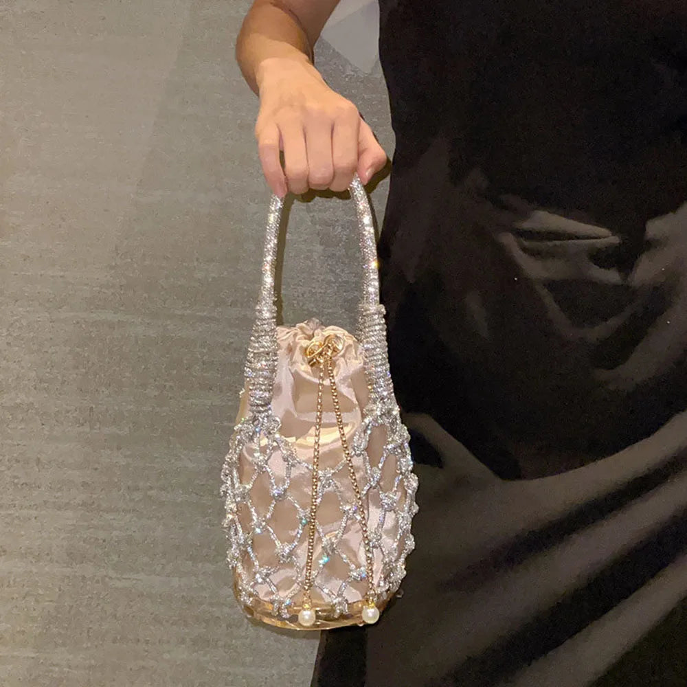 New Spring Summer Hollow Out Women Handbag Shiny Rhinestone Mesh Bag Bucket Shape Underarm Bag Trendy Shoulder Bags For Ladies
