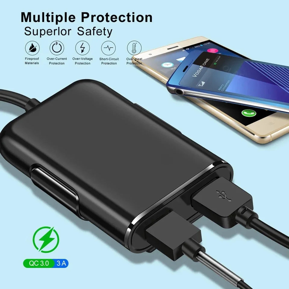 Universal 4-Port Fast Car Charger 8A 40W USB Adapter with Extension Back Seat Hub and Clip For iPhone 17 16 Pro Max For Samsung
