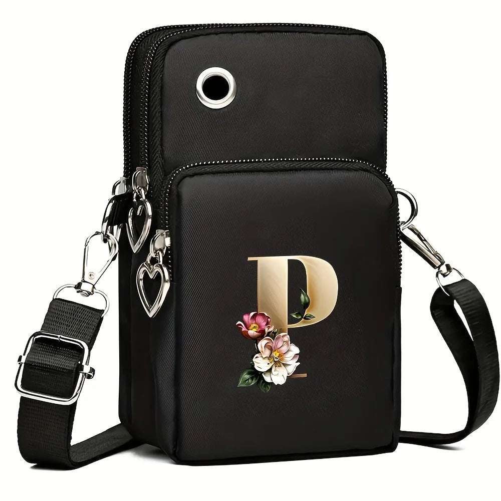 Fashion A-Z Letter Print Women's Crossbody Bag Large Capacity Three-Layer Zipper Phone Bag Daily Travel Coin Purse