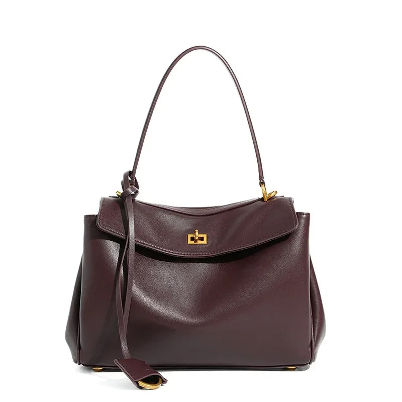 New Women's Large Capacity Leather Rodeo Bag Fashion Advanced Lock Design High Sense Underarm Shoulder Bag