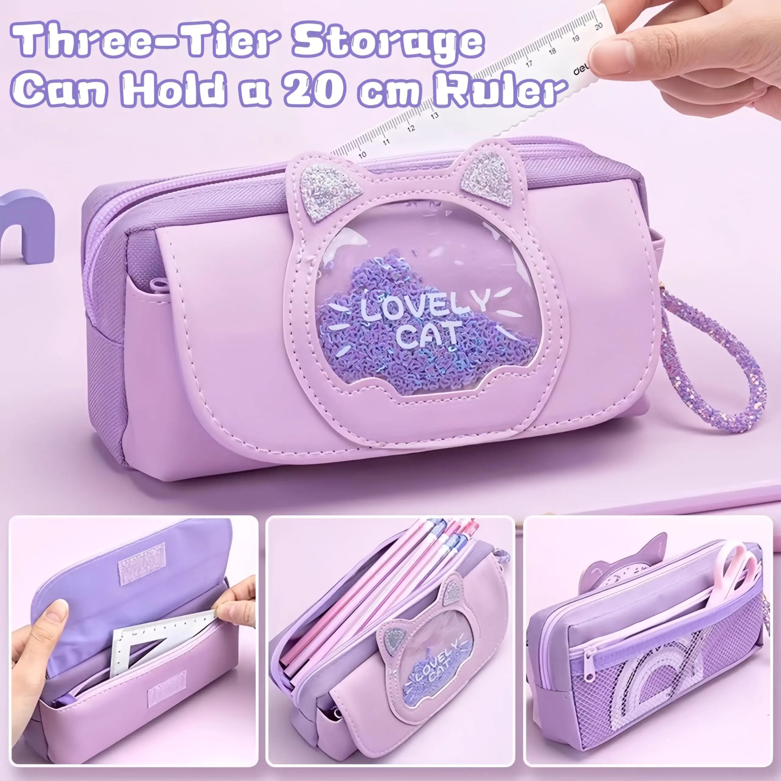 Cute Cat Head Quicksand Pencil Case Exquisite Large Capacity Three-Layer Classification Storage Bag with Handle Purple Pink Blue