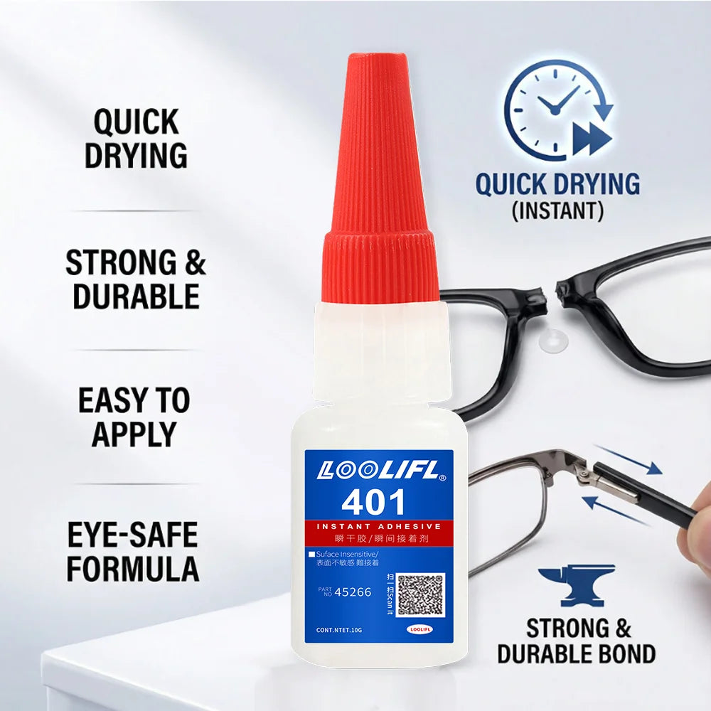 LOOLIFL 401 Super Glue 5×20g, Liquid Glue10s Fast Drying Cyanoacrylate Adhesive, Strong Bond for Plastic Metal Wood Ceramic Repa