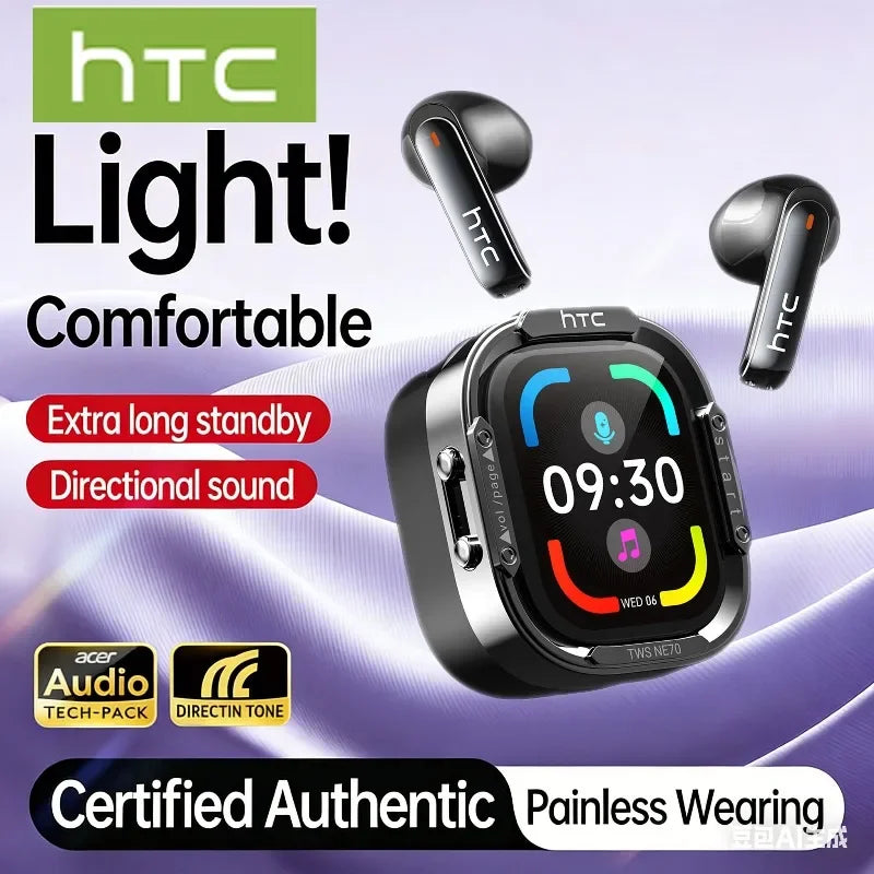 HTC NE70 Bluetooth Earphones Touch Screen TWS In-Ear Wireless Headphones AI Translator Noise Reduction Earbuds Game Heatset