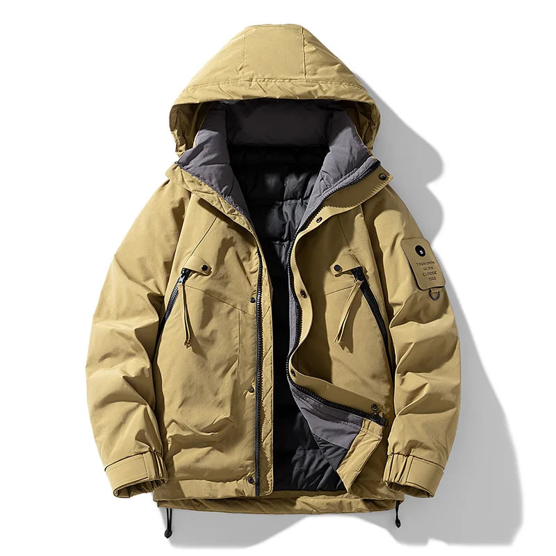 2025 High Quality Hooded Hiking Down Coats for Men Solid Color Windproof Warm Outerwear Winter Casual Male Clothes Fashion New