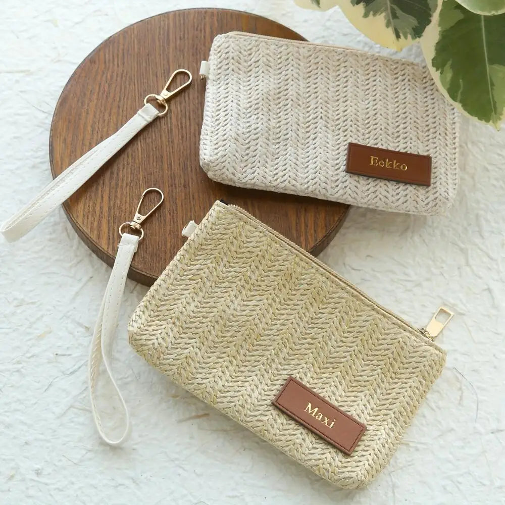 Custom Embossed Name Leather Label Straw Wristlet Clutch Bag Handmade Woven Raffia Cosmetic Makeup Pouch Beach Travel Storage