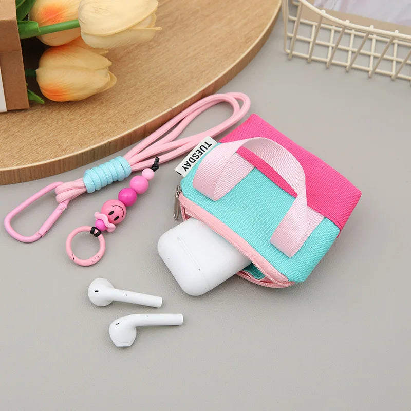 Dopamine, Pink, Mini, Earphone Case, Anti-lost, Storage Bag, Data Cable Organizer Bag, Keychain,Sweet and Girly Accessories