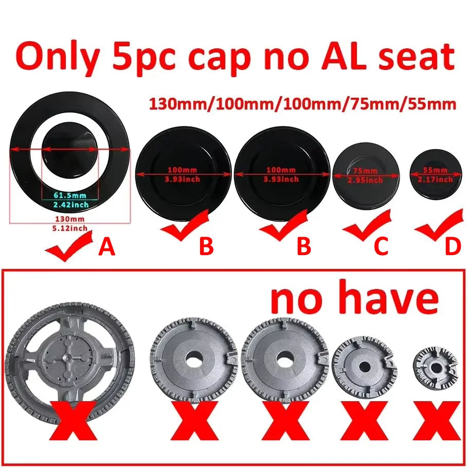 ABBCD 3MM Heavy Durable 130/100/100/75/55mm 5pc a Set Stove Cap Burners Without AL Seat