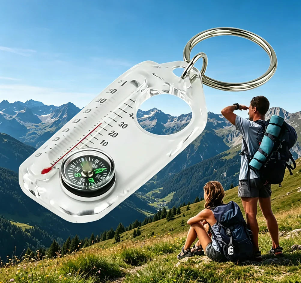 3-in-1 Keychain Compass with Thermometer & Magnifying Glass, Mini Portable Outdoor Camping Survival Tool