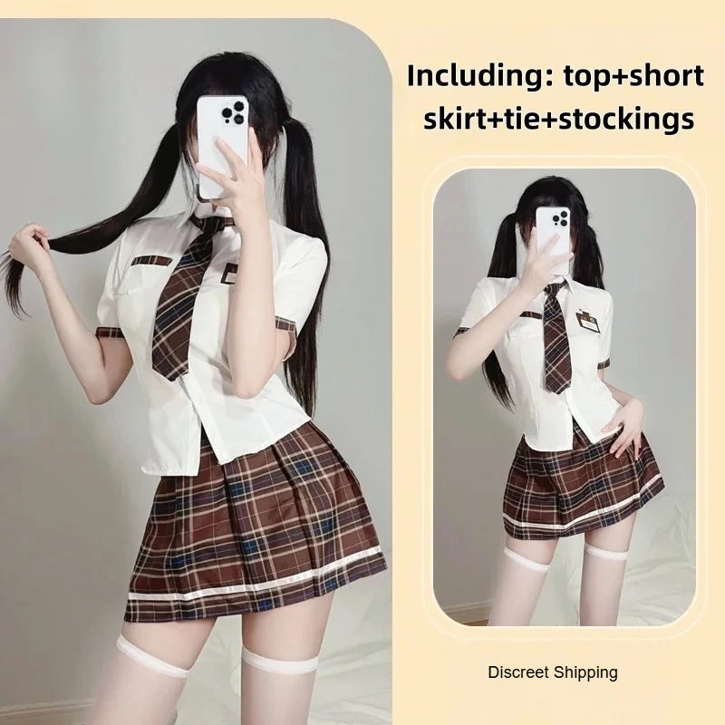 New British College Style Student Campus Color Play Uniform Temptation Summer Short Skirt with Pleated Skirt Checkered Set