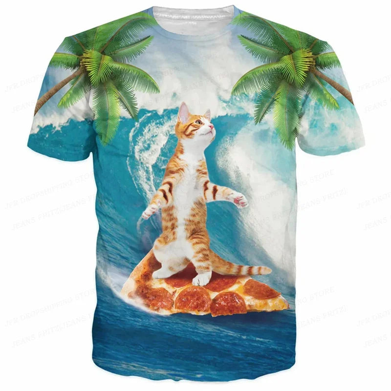 3D Printed Funny Cat T Shirt for Men Animal Food Pattern Tees Summer Street Oversize Short Sleeve Tops Loose Round Neck T-Shirts