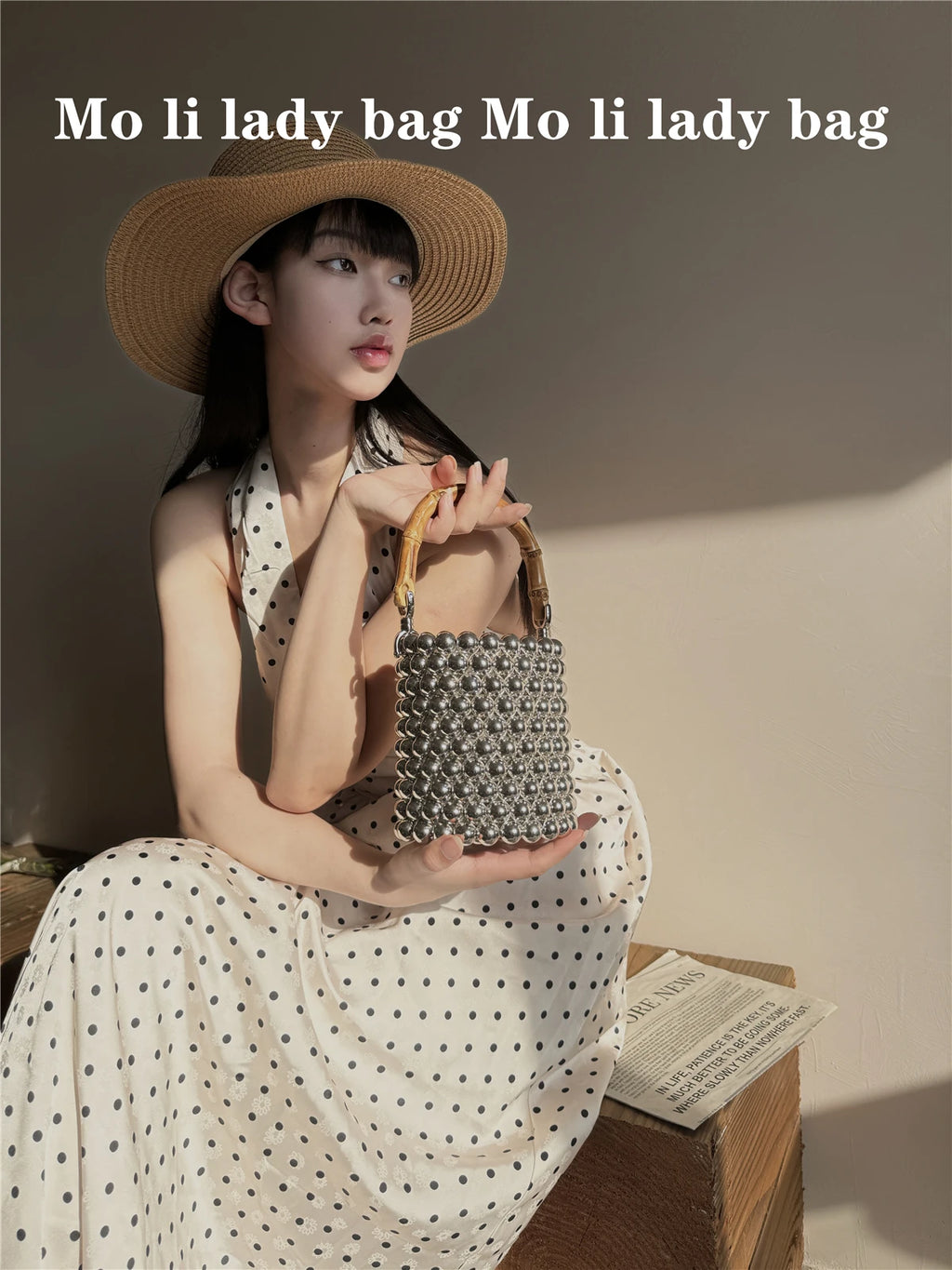 Women Handmde Bead Bag Circular Shape Beading Bucket Bag Bamboo Handle Clutch Wedding Bridal Ladies Handbag Party Evening Bag