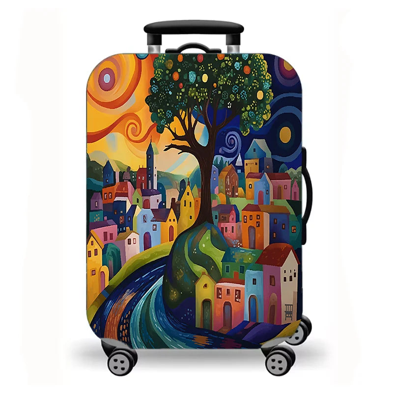 Luggage Cover, Colorful Fairy Tale Town Folk Art Print Stretch Suitcase Protector, Washable Anti-Scratch Travel Baggage Cover
