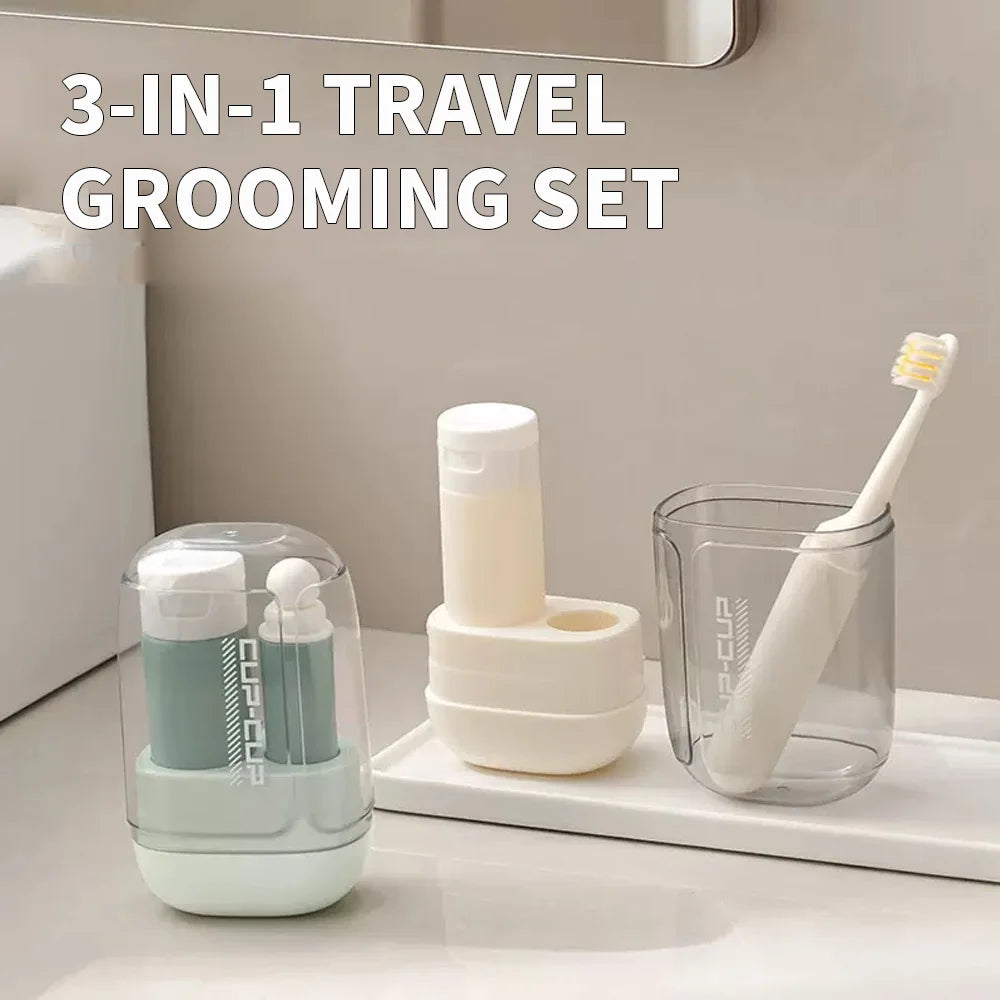 3 in 1 Travel Grooming Set - Portable Mouthwash Cup, Toothbrush, Toothpaste Storage Box - Essential Multifunctional Mini