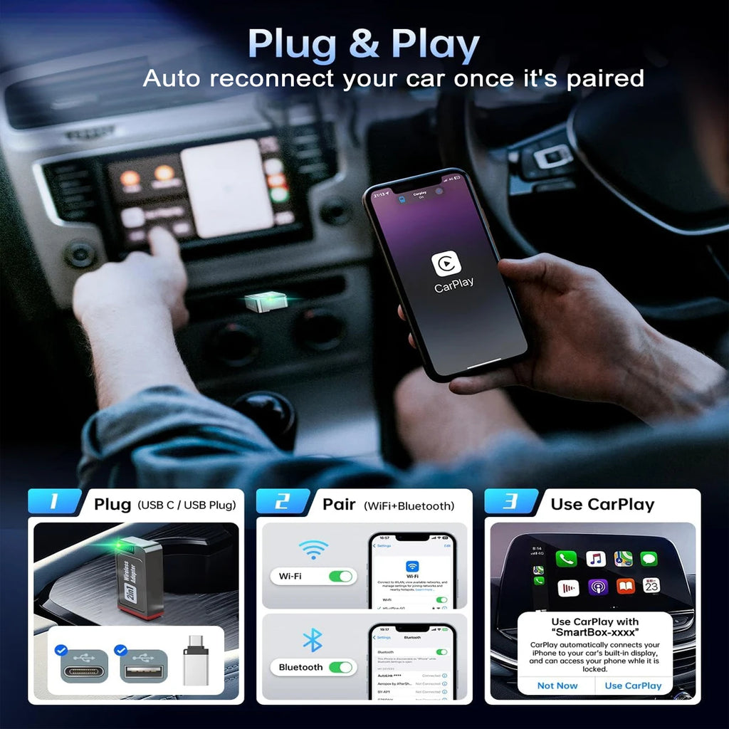 2-in-1 Wireless CarPlay Adapter for Apple CarPlay & Android Auto, Mini Bluetooth USB A & USB C Dongle Convert Wired to Wireless