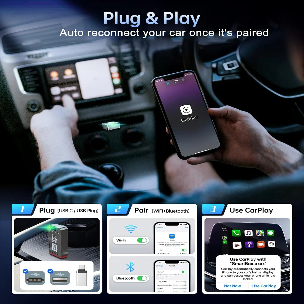 2-in-1 Wireless CarPlay Adapter for Apple CarPlay & Android Auto, Mini Bluetooth USB A & USB C Dongle Convert Wired to Wireless