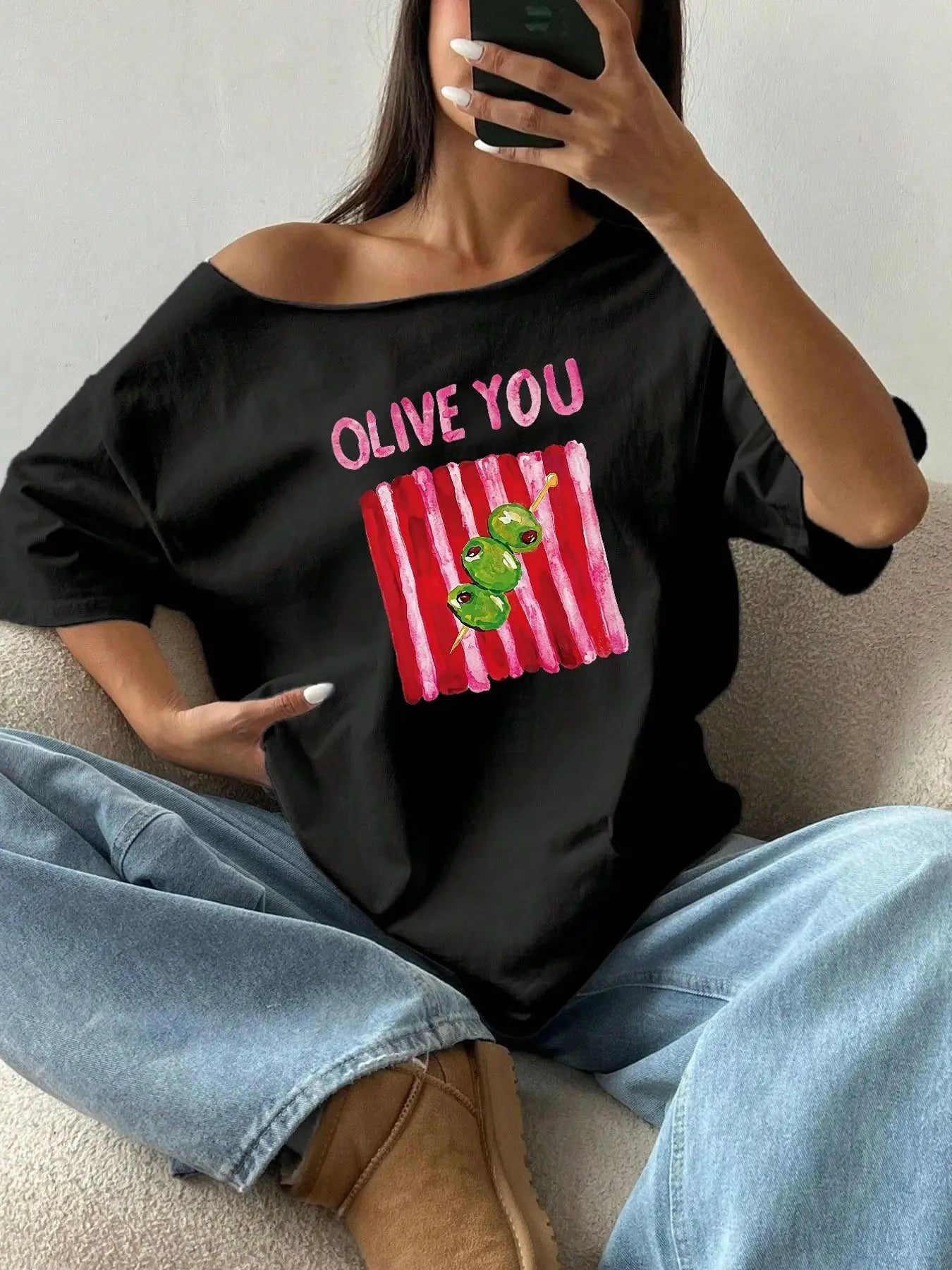 100% Cotton Plus Size Cute Olive Print Casual T-Shirt Shoulder Loose Print T-Shirt Oversized Y2K Style Graphic Tees Women Top