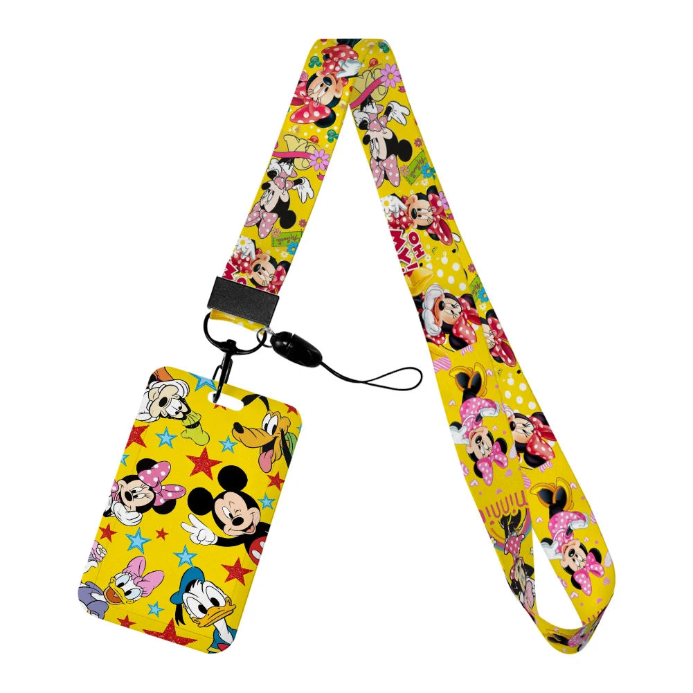 Disney Yellow Series Mickey Minnie Card Holder Work Permit Name Badge with Keychains Student Id Card Lanyard Holder Accessories