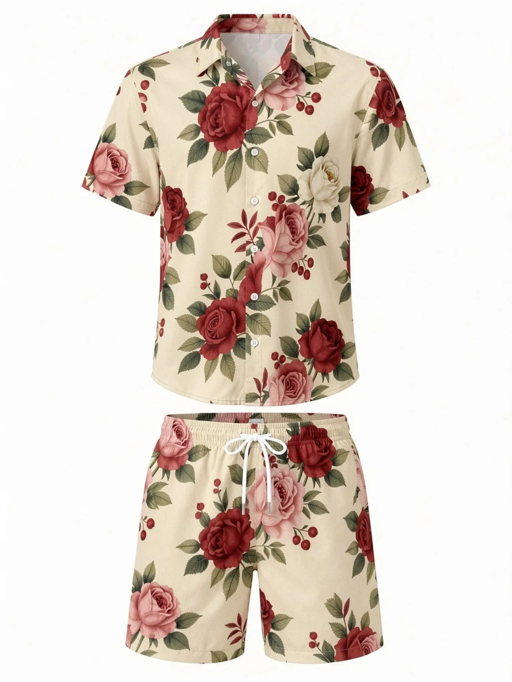 Mens Floral Short Sleeve Shirt and Drawstring Shorts Set Beach Vacation Matching Summer Two Piece Casual Beach Outfit Resortwear