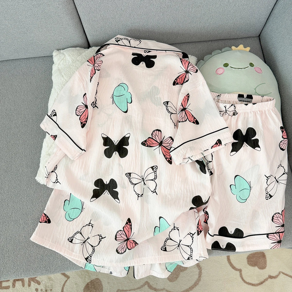 Women's Summer Pajamas, Thin Butterfly Pattern Short-Sleeved Shorts, Sweet and Cute, Can Be Worn Outside in Summer, Two-Piece Home Wear Set