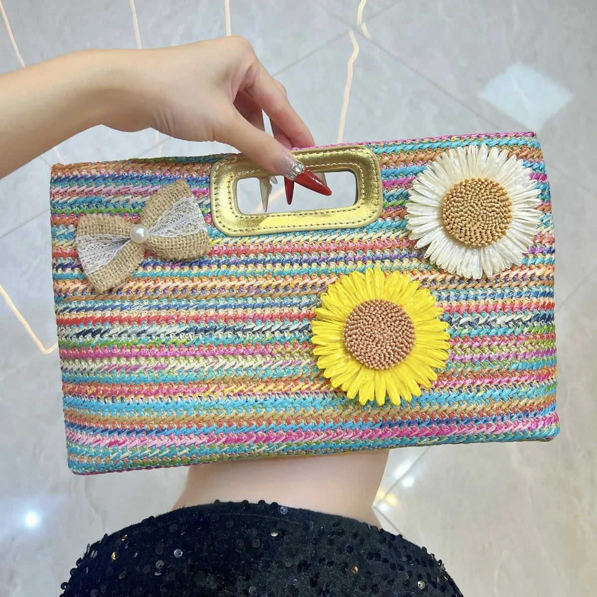 New women's bag straw woven clutch bag chain shoulder messenger bag woven handbag