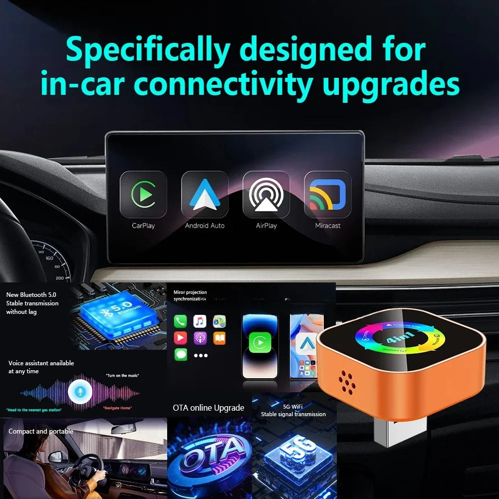 2026 4‑in‑1 Wireless CarPlay Adapter Plug‑and‑Play Bluetooth Converter for Android Auto Airplay & Mirror Link for IPhone Phones