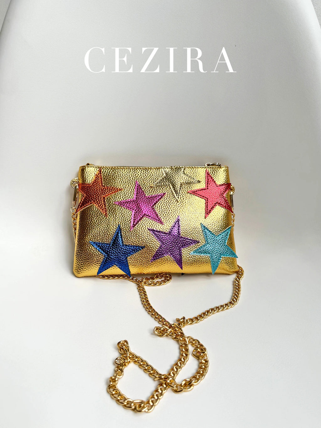 Luxury Chic Women Metallic PU Vegan Leather Square Clutch Stars Pattern Colorful Stripes Chain Shoulder Handbag Party Date Gift